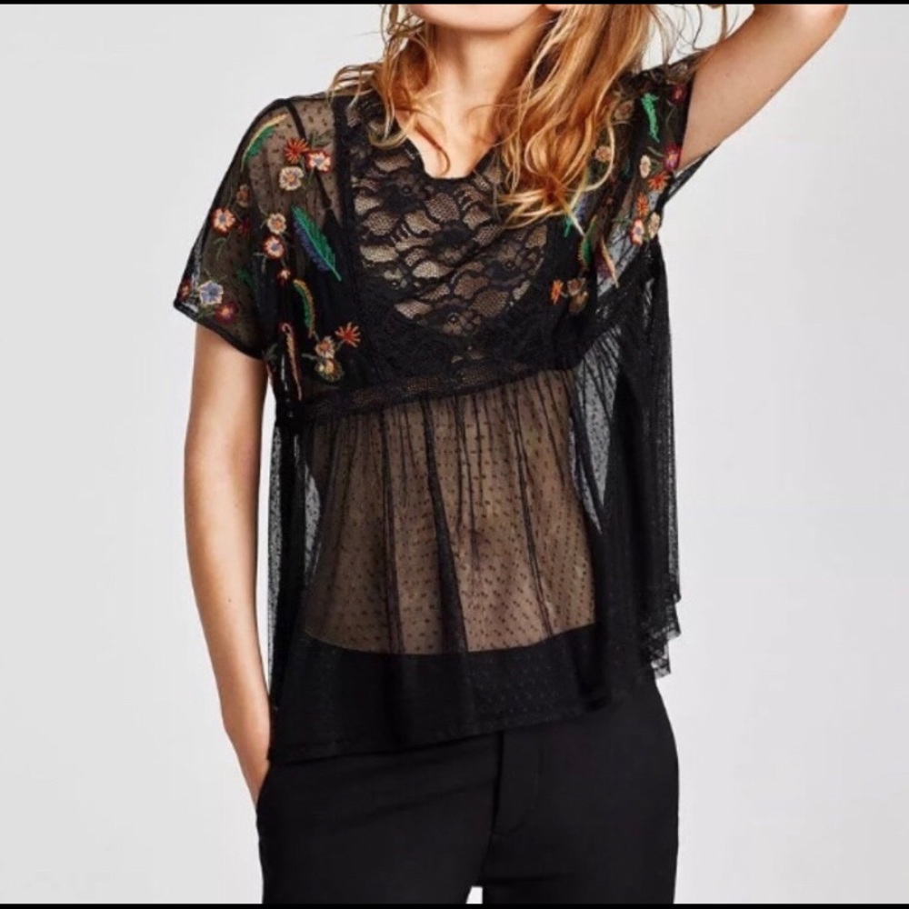 SOLD NEW Zara Black Lace Floral Top Shirt Small - Picture 1 of 8